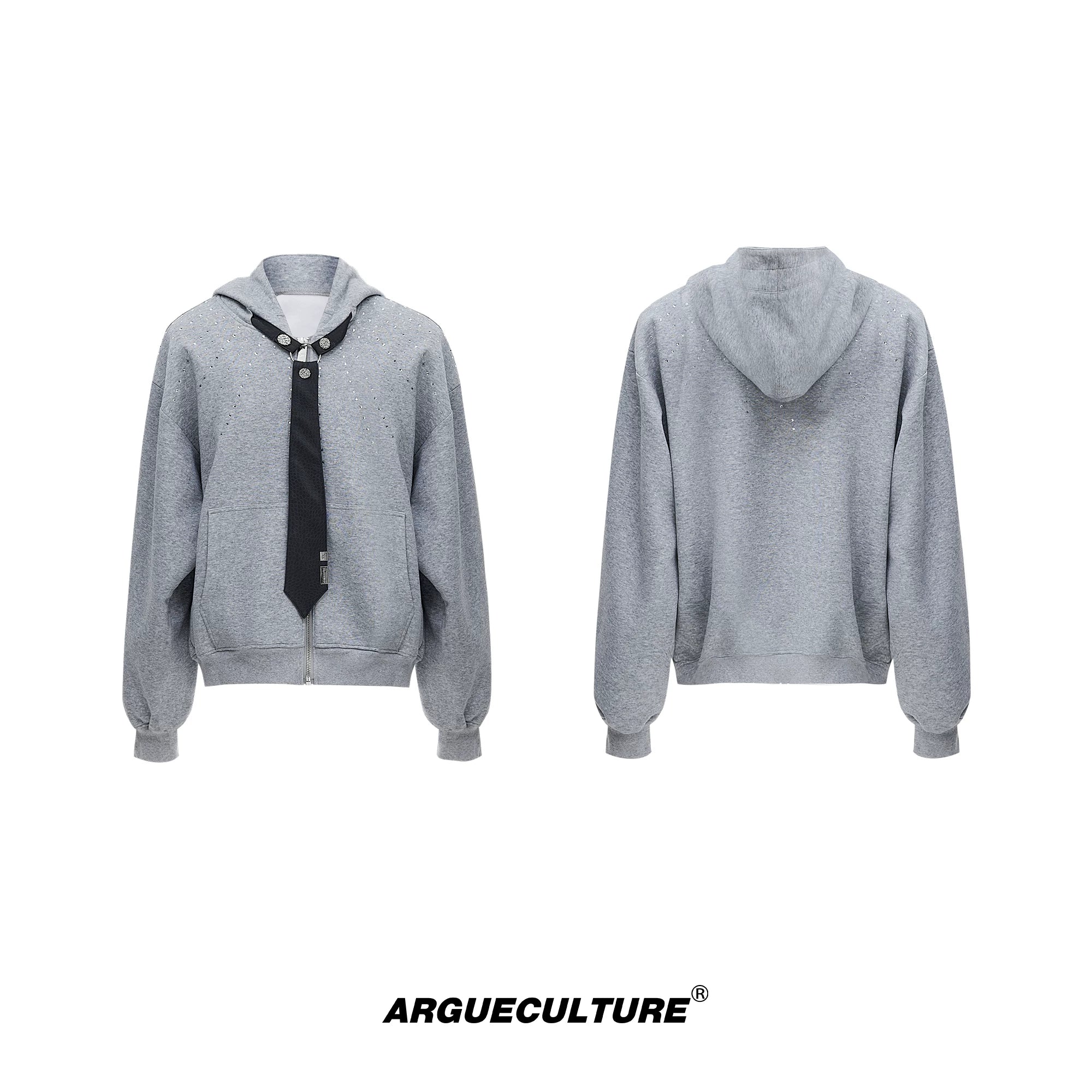 Relaxed Hooded Jacket with Detachable Tie Detail - Gray