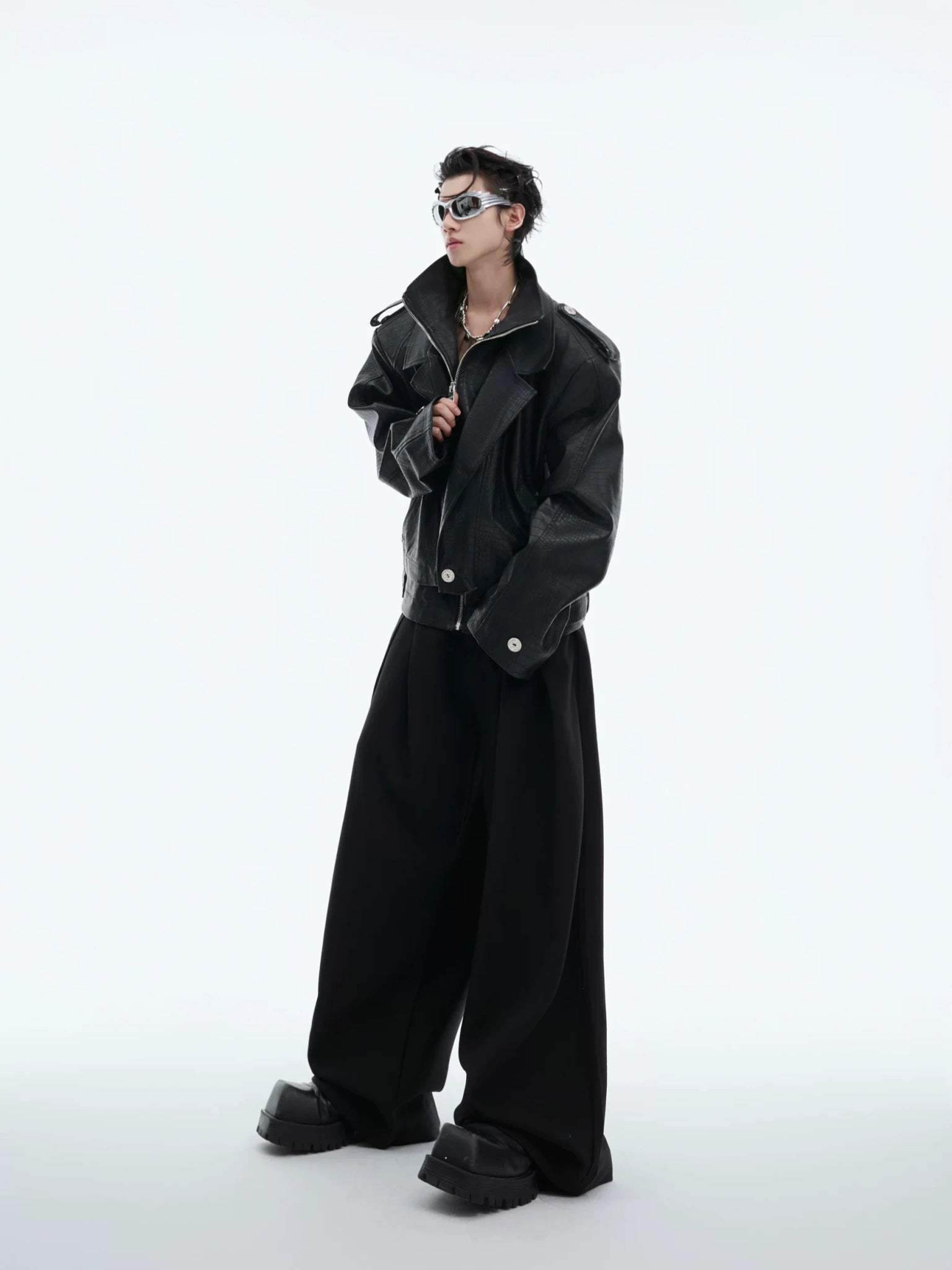Cropped PU Biker Jacket with Deconstructed Details - main image 5