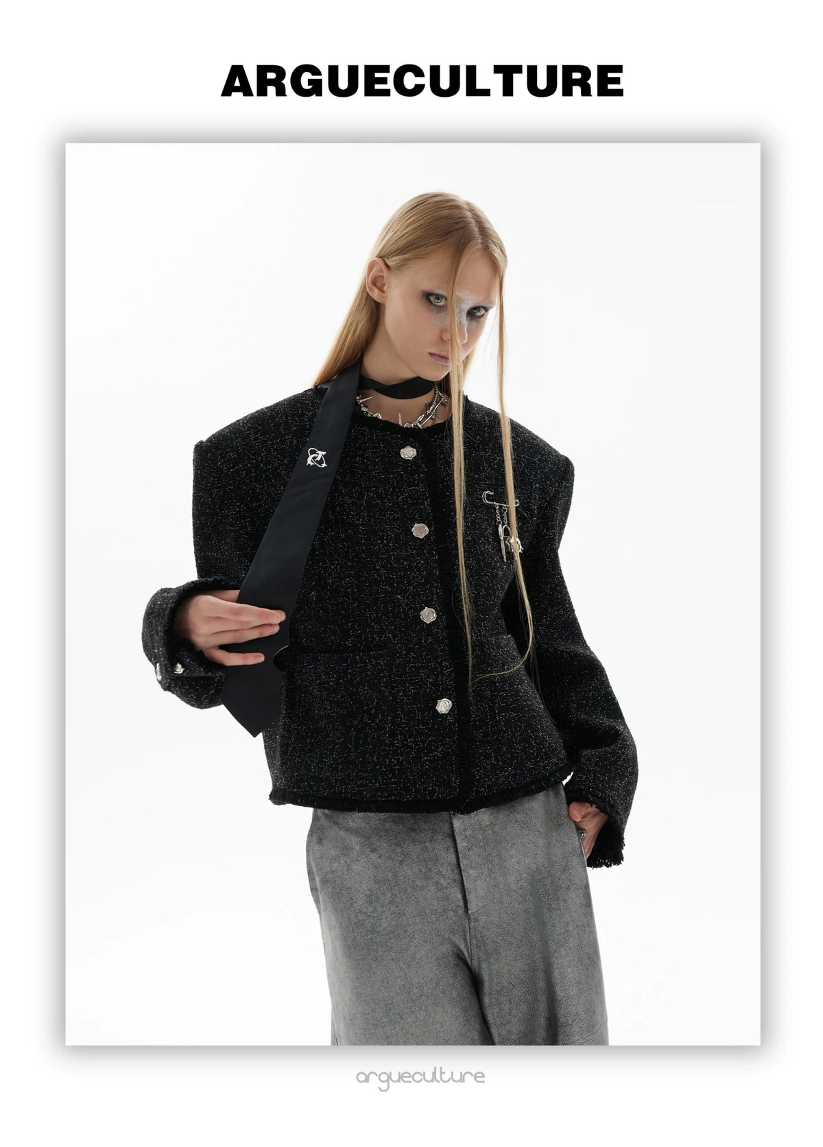 Textured Black Cropped Button Jacket | Relaxed Fit - description image 3
