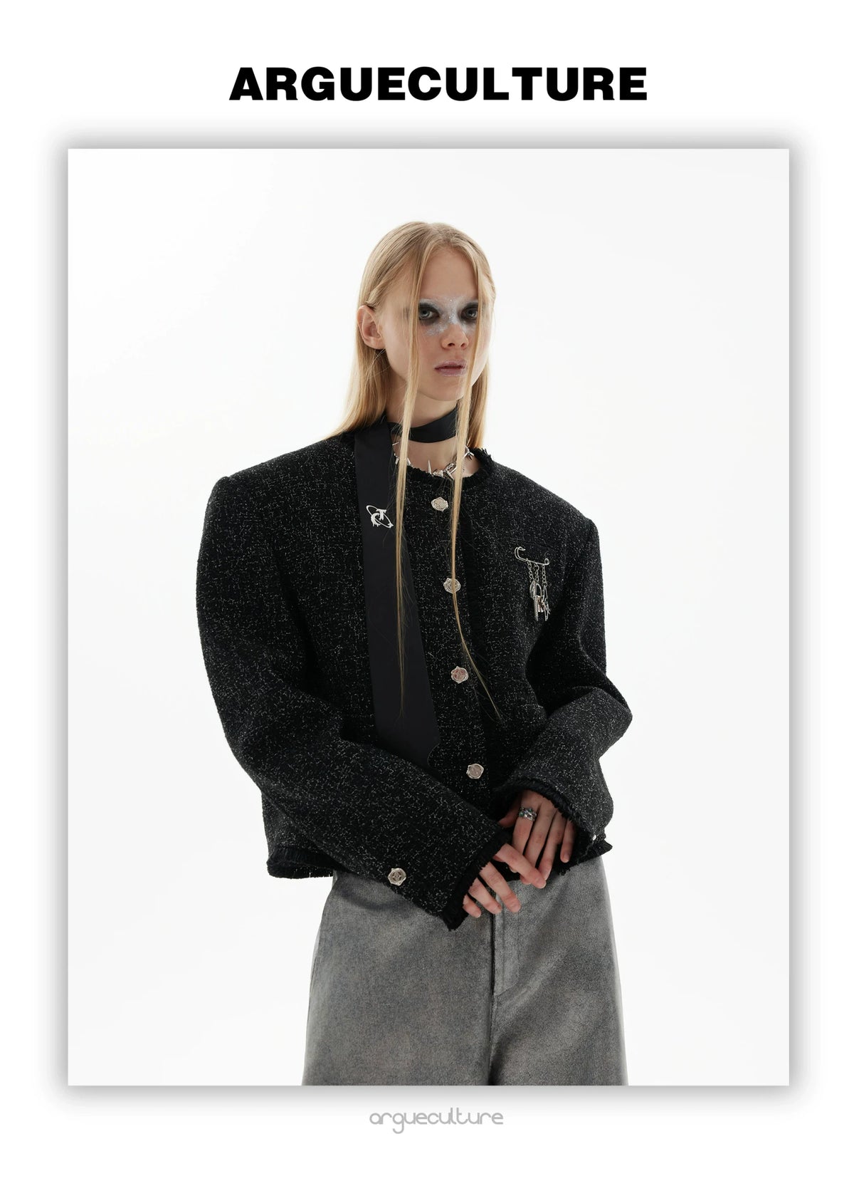 Textured Black Cropped Button Jacket | Relaxed Fit - description image 4