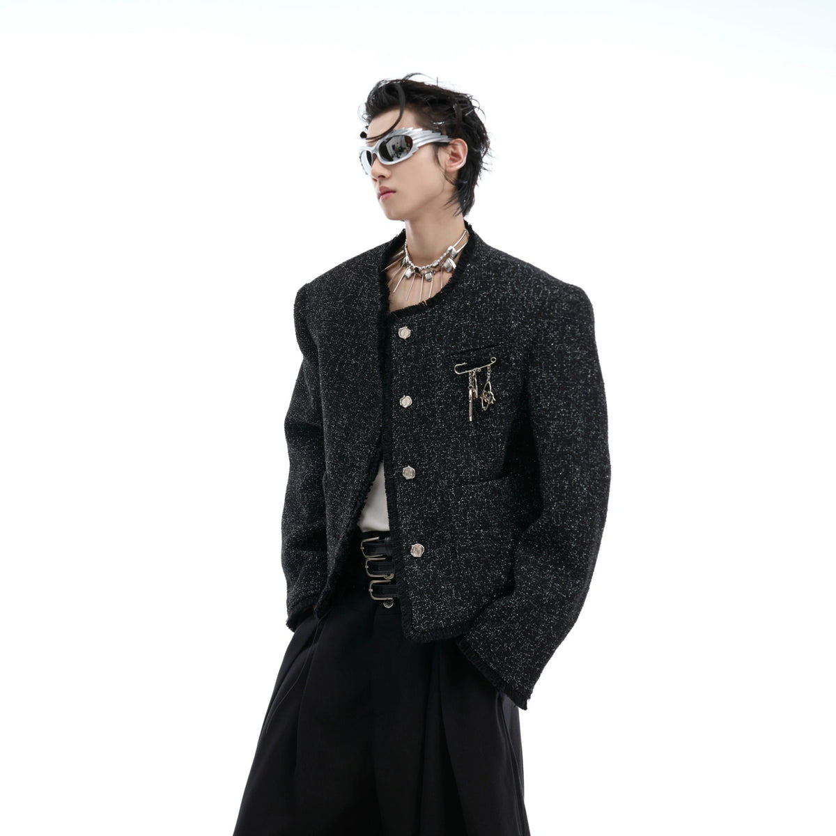 Textured Black Cropped Button Jacket | Relaxed Fit - main image 1