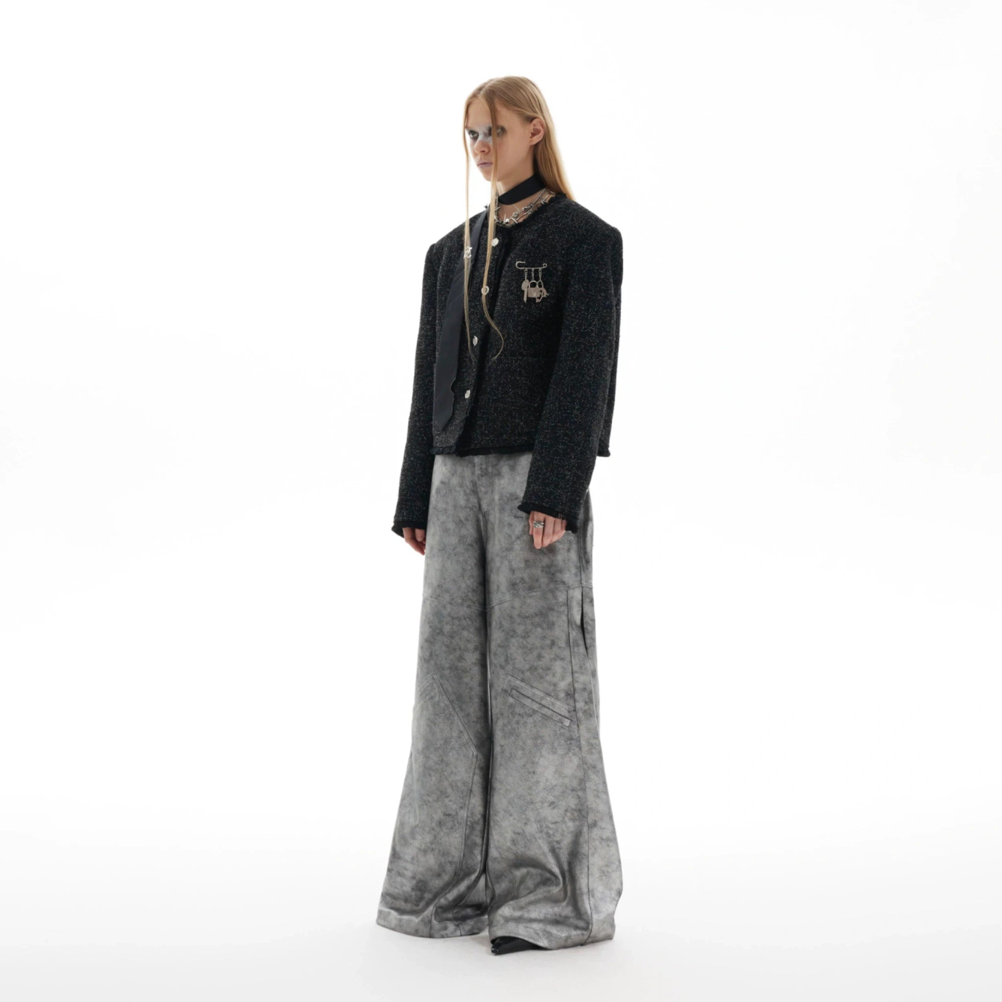 Textured Black Cropped Button Jacket | Relaxed Fit - main image 3