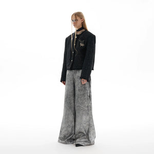 Textured Black Cropped Button Jacket | Relaxed Fit - main image 3