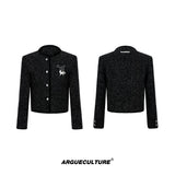 Textured Black Cropped Button Jacket | Relaxed Fit - Black Top