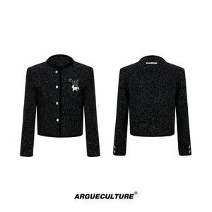 Textured Black Cropped Button Jacket | Relaxed Fit - Black Top