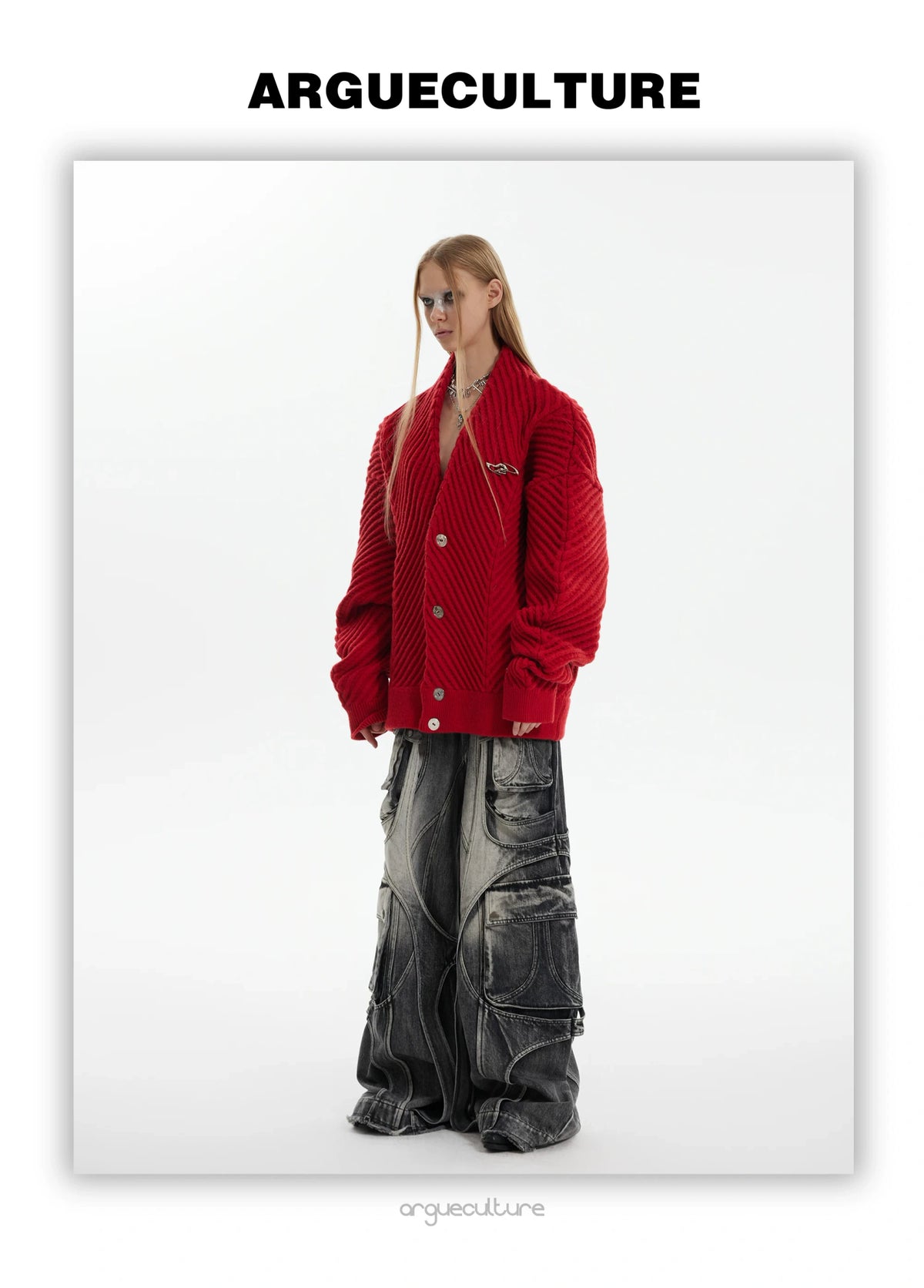 Oversized V-Neck Cotton-Wool Knit Cardigan Sweater - description image 13