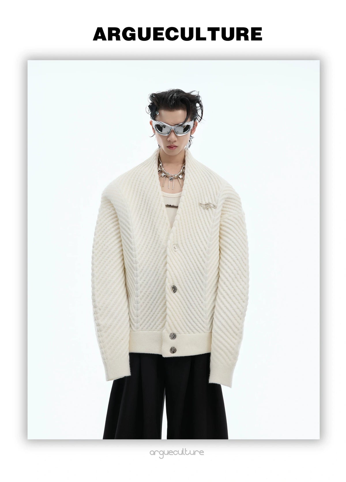 Oversized V-Neck Cotton-Wool Knit Cardigan Sweater - description image 18