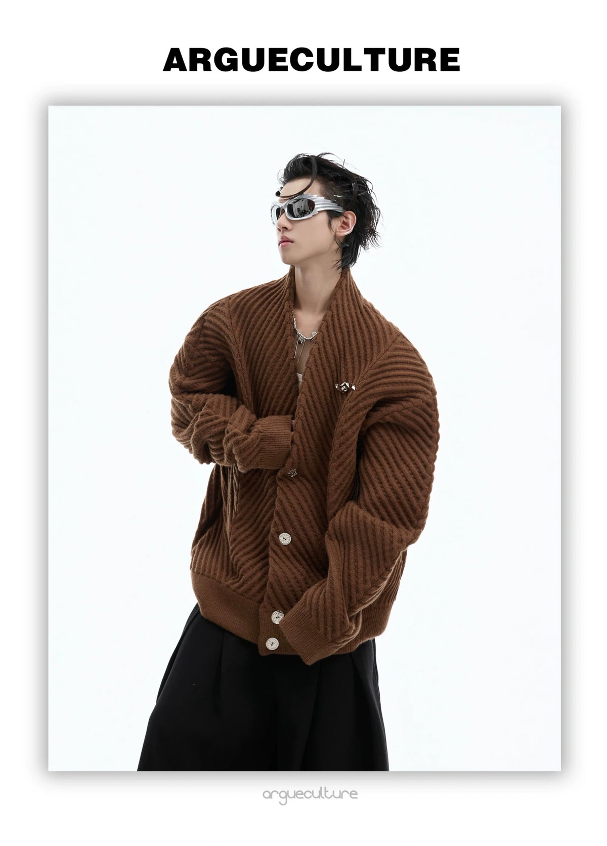 Oversized V-Neck Cotton-Wool Knit Cardigan Sweater - description image 25