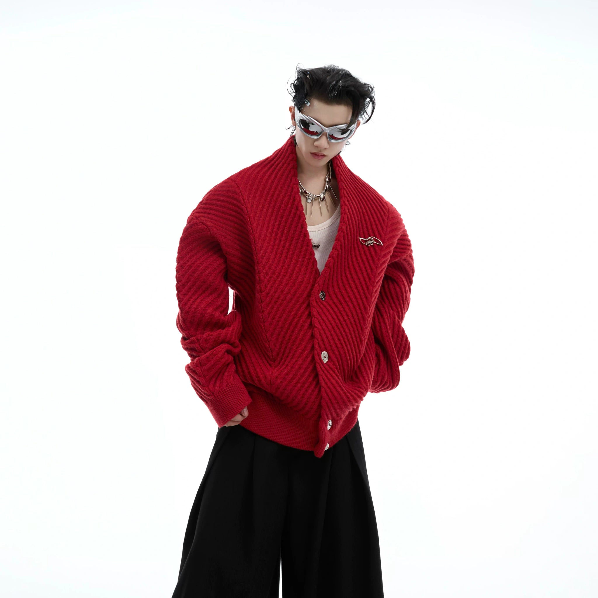Oversized V-Neck Cotton-Wool Knit Cardigan Sweater - main image 1