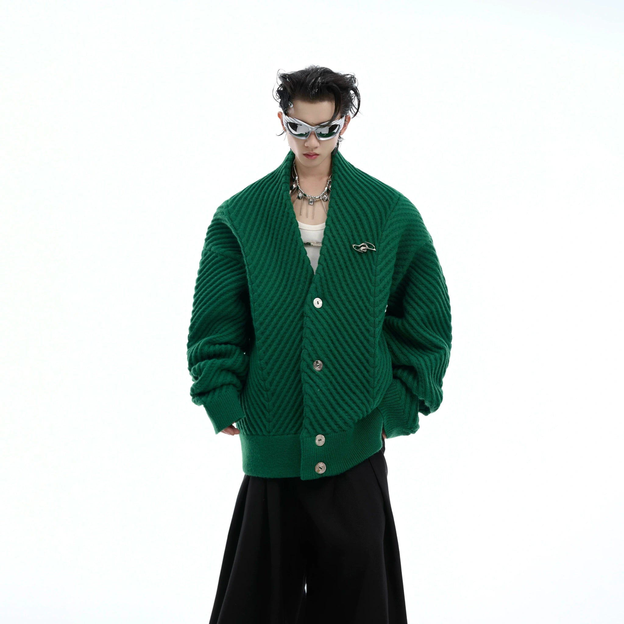 Oversized V-Neck Cotton-Wool Knit Cardigan Sweater - main image 2