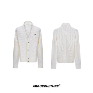 Oversized V-Neck Cotton-Wool Knit Cardigan Sweater - White