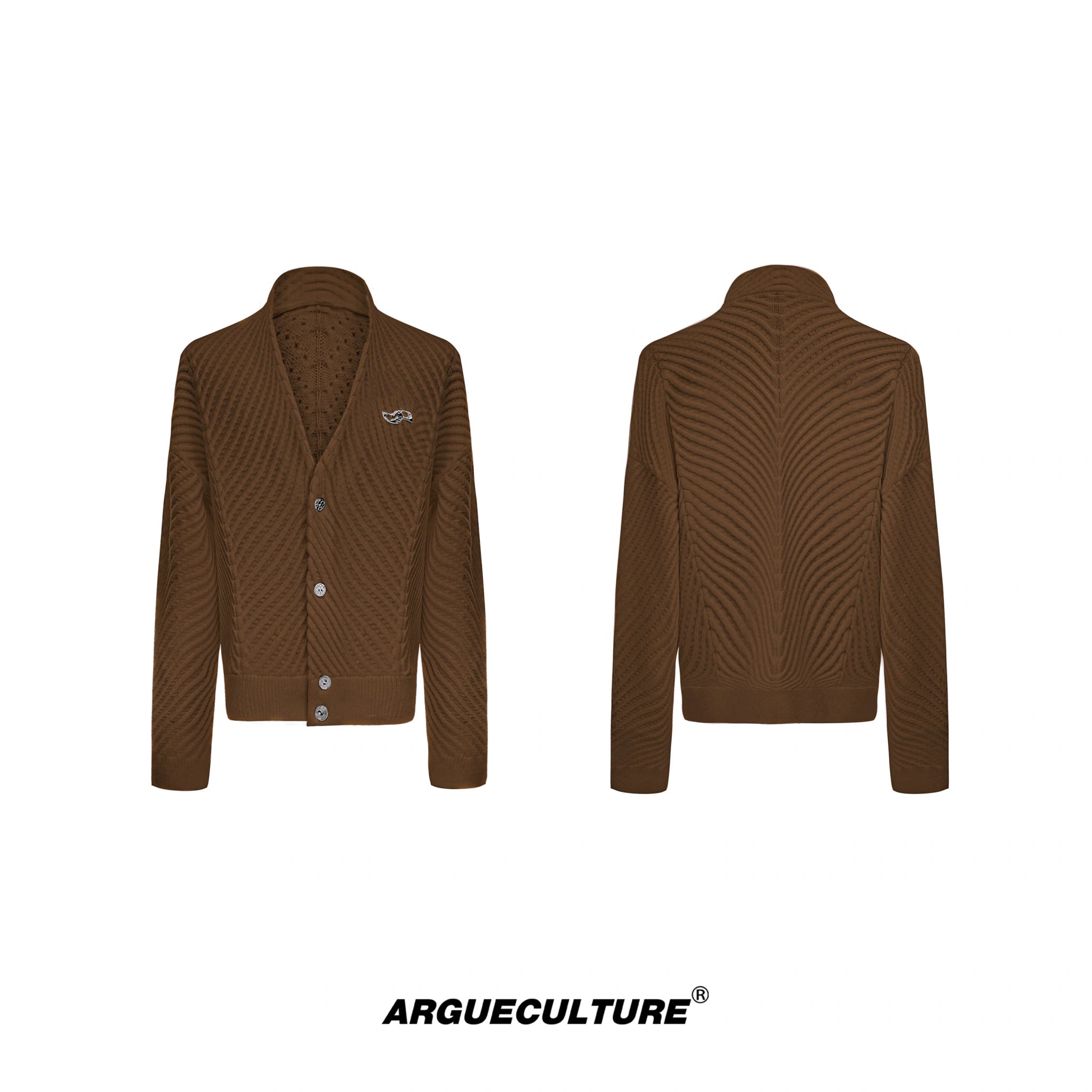 Oversized V-Neck Cotton-Wool Knit Cardigan Sweater - Brown