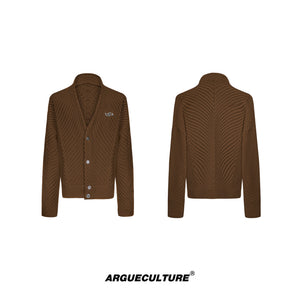 Oversized V-Neck Cotton-Wool Knit Cardigan Sweater - Brown