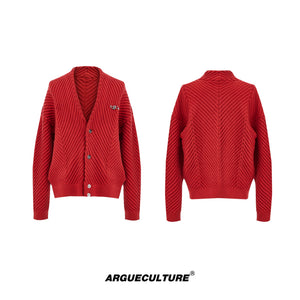 Textured V-Neck Cardigan Sweater | Relaxed Unisex Fit - Red