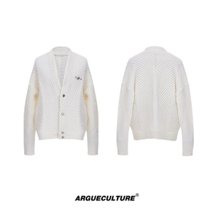 Textured V-Neck Cardigan Sweater | Relaxed Unisex Fit - White