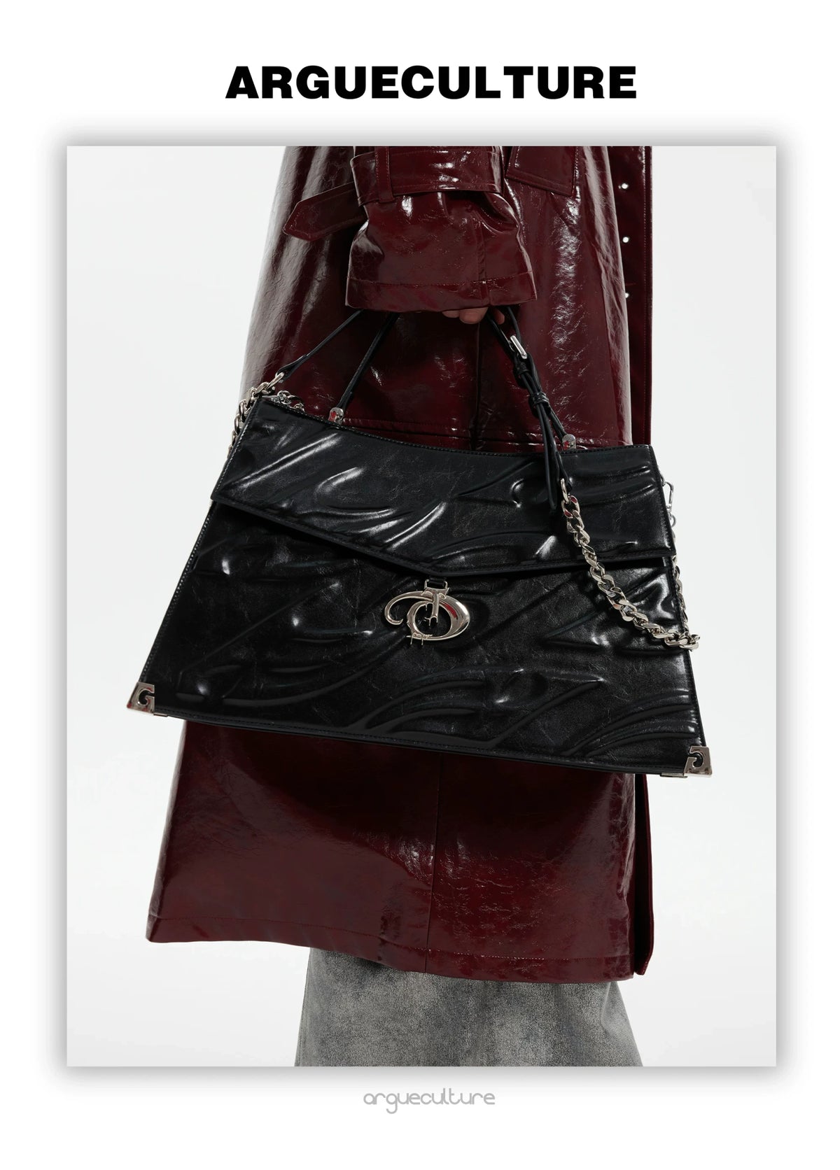 Embossed Leather Trapeze Tote Bag | Streetwear - description image 15