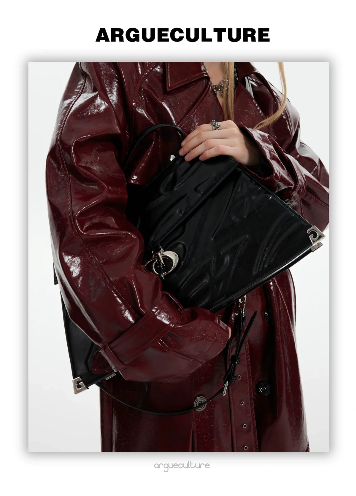 Embossed Leather Trapeze Tote Bag | Streetwear - description image 16