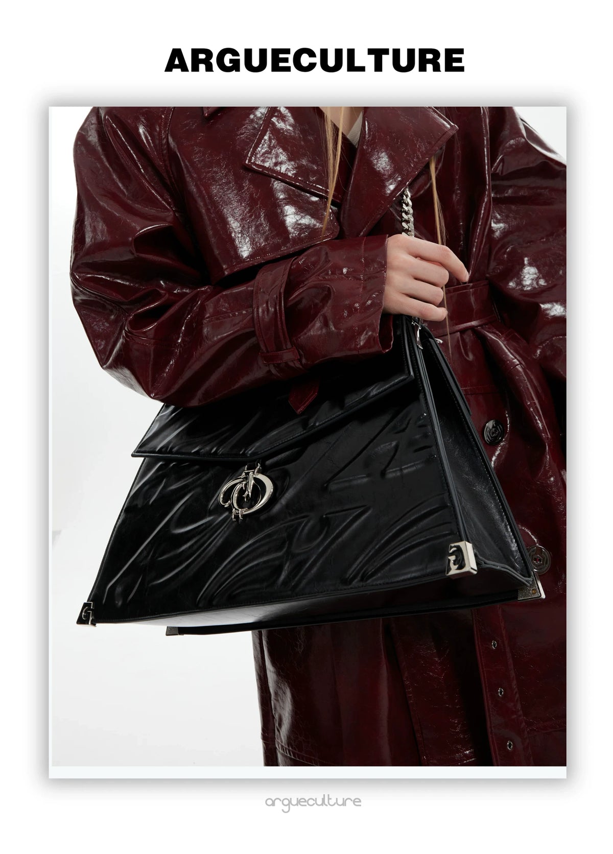 Embossed Leather Trapeze Tote Bag | Streetwear - description image 17