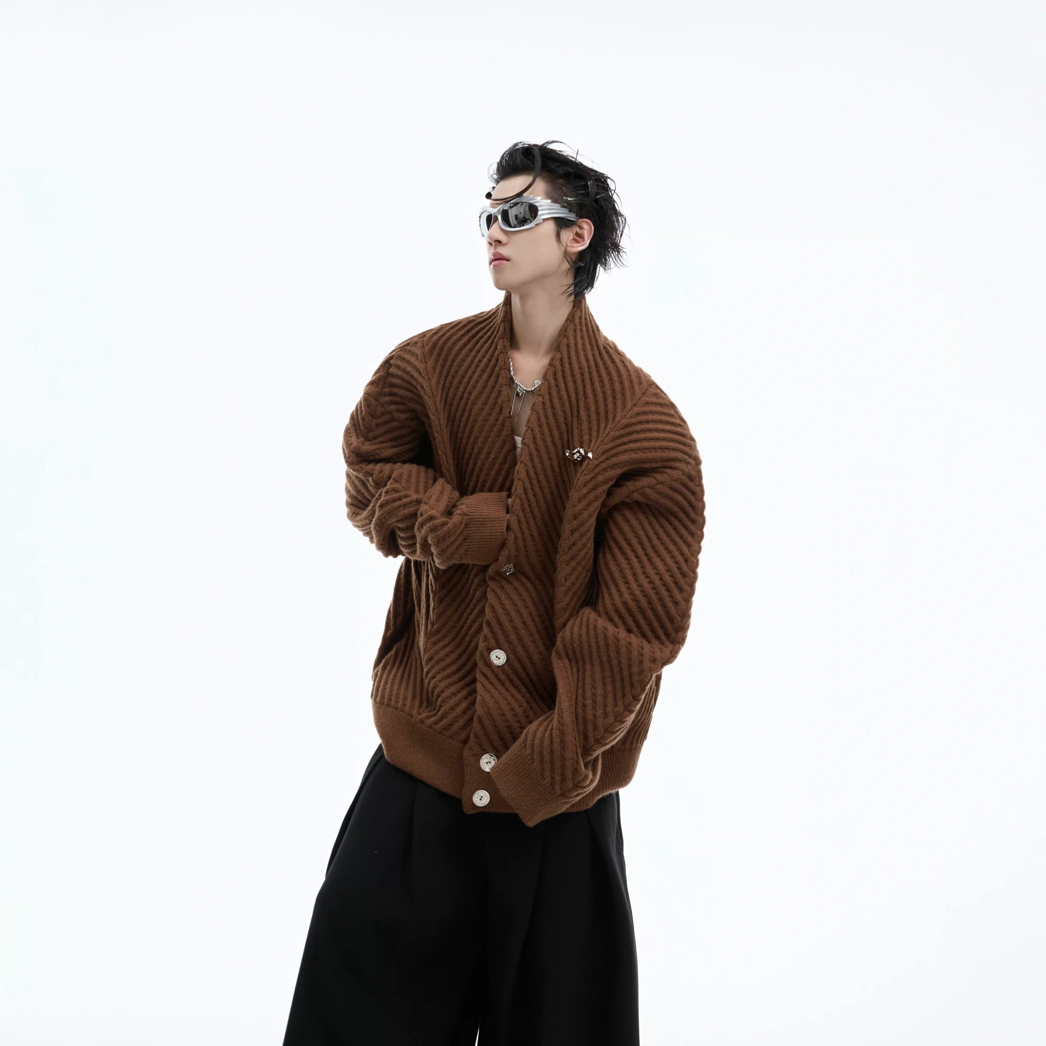 Relaxed Ribbed V-Neck Cardigan Sweater | Unisex - main image 4