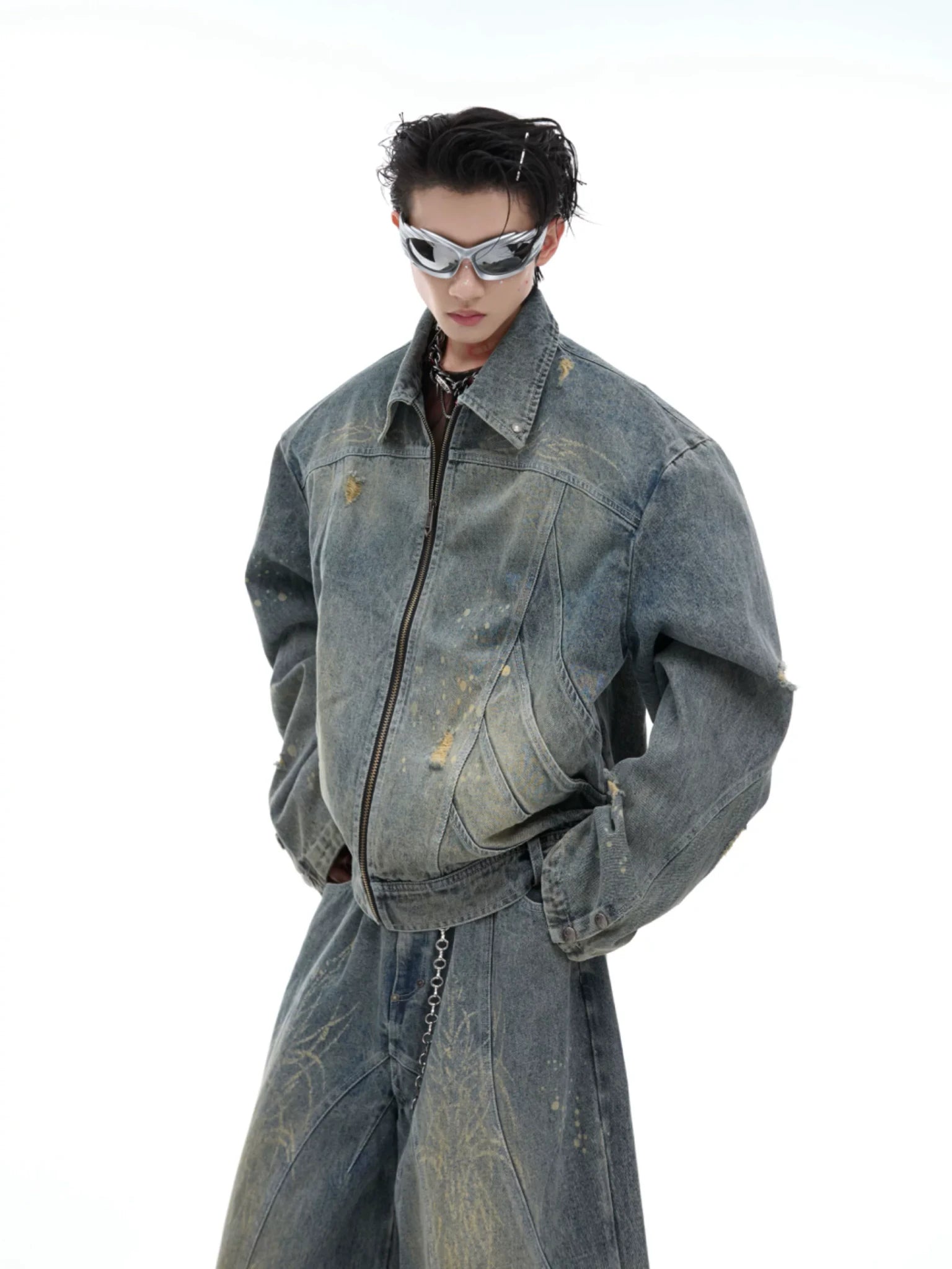 Washed Deconstructed Denim Jacket with Zip Front - main image 2
