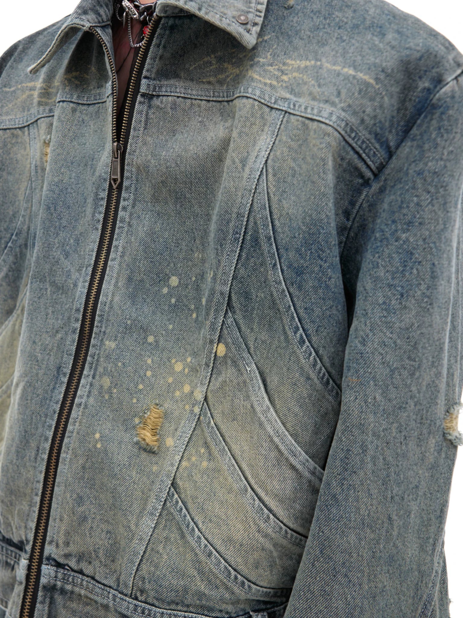 Washed Deconstructed Denim Jacket with Zip Front - main image 4