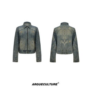 Washed Deconstructed Denim Jacket with Zip Front - Blue Jacket