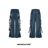 Pleated Washed Utility Jeans With Multiple Pockets - Washed Blue