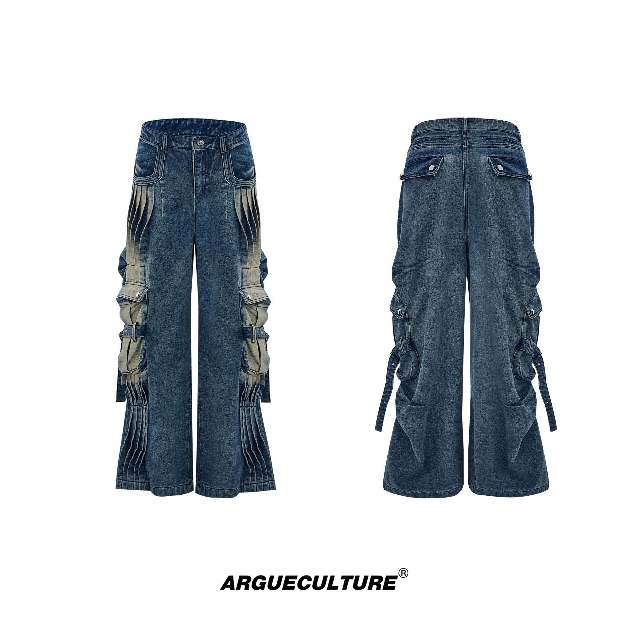 Pleated Washed Utility Jeans With Multiple Pockets - Washed Blue
