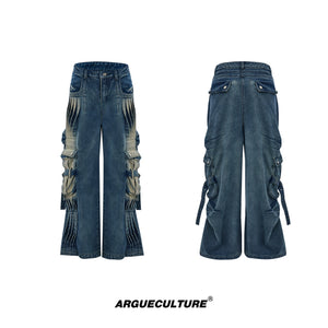 Pleated Washed Utility Jeans With Multiple Pockets - Washed Blue