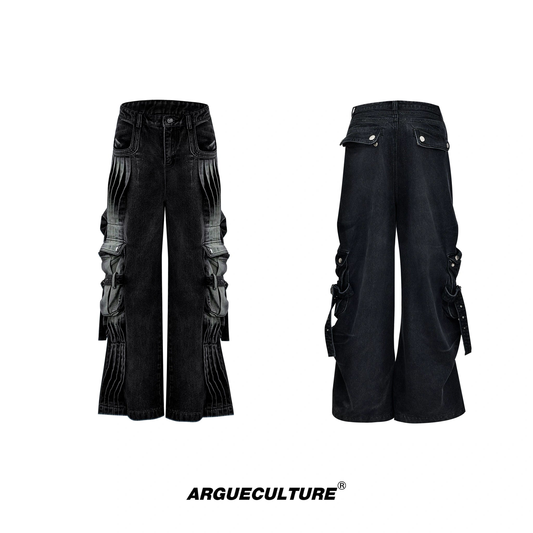 Pleated Washed Utility Jeans With Multiple Pockets - Washed Black