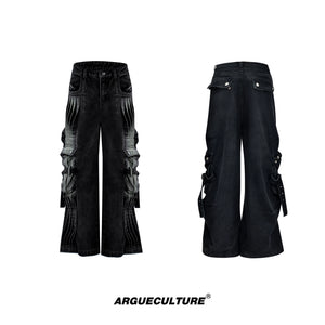 Pleated Washed Utility Jeans With Multiple Pockets - Washed Black
