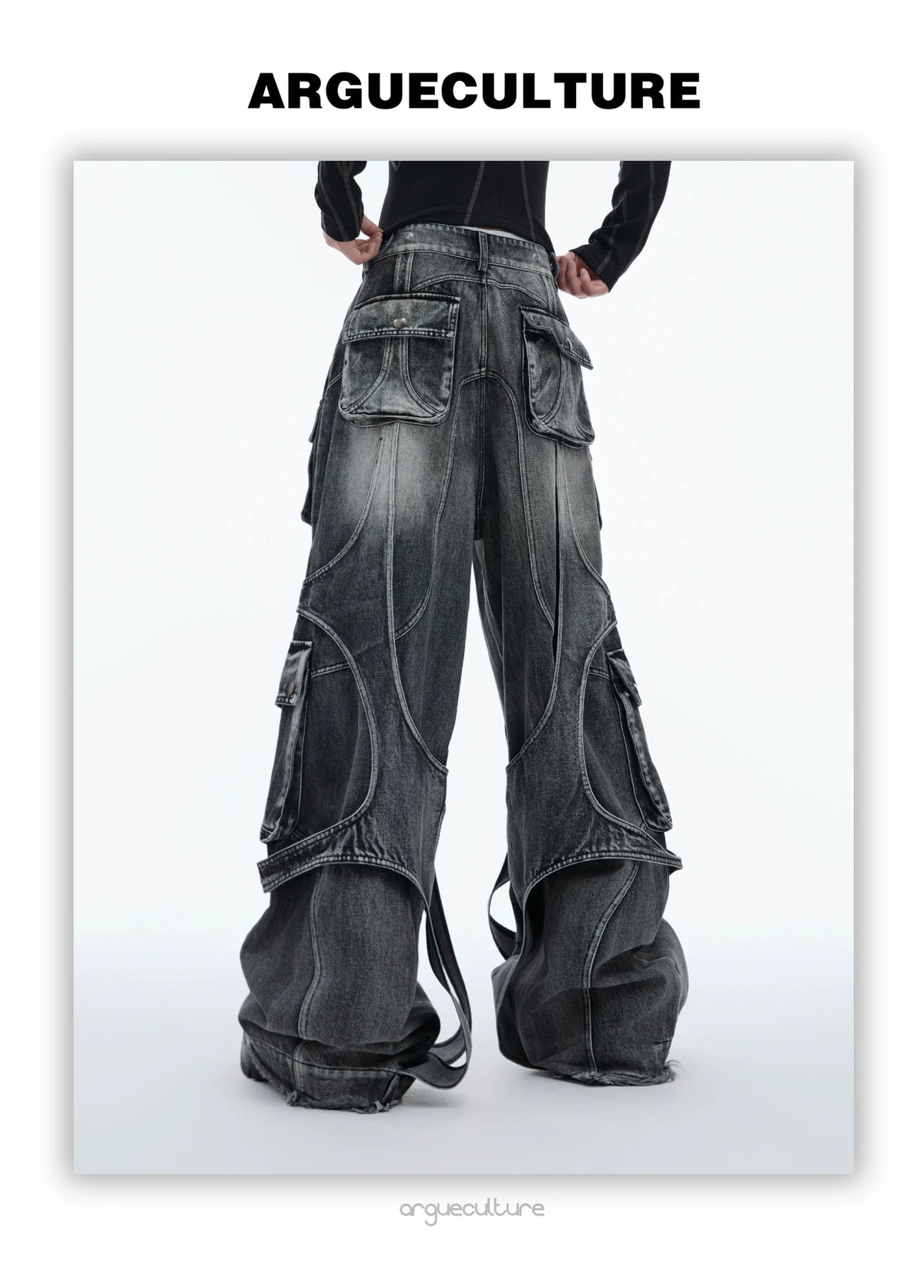 Stone-Washed Deconstructed Wide-Leg Jeans | Unisex - description image 2