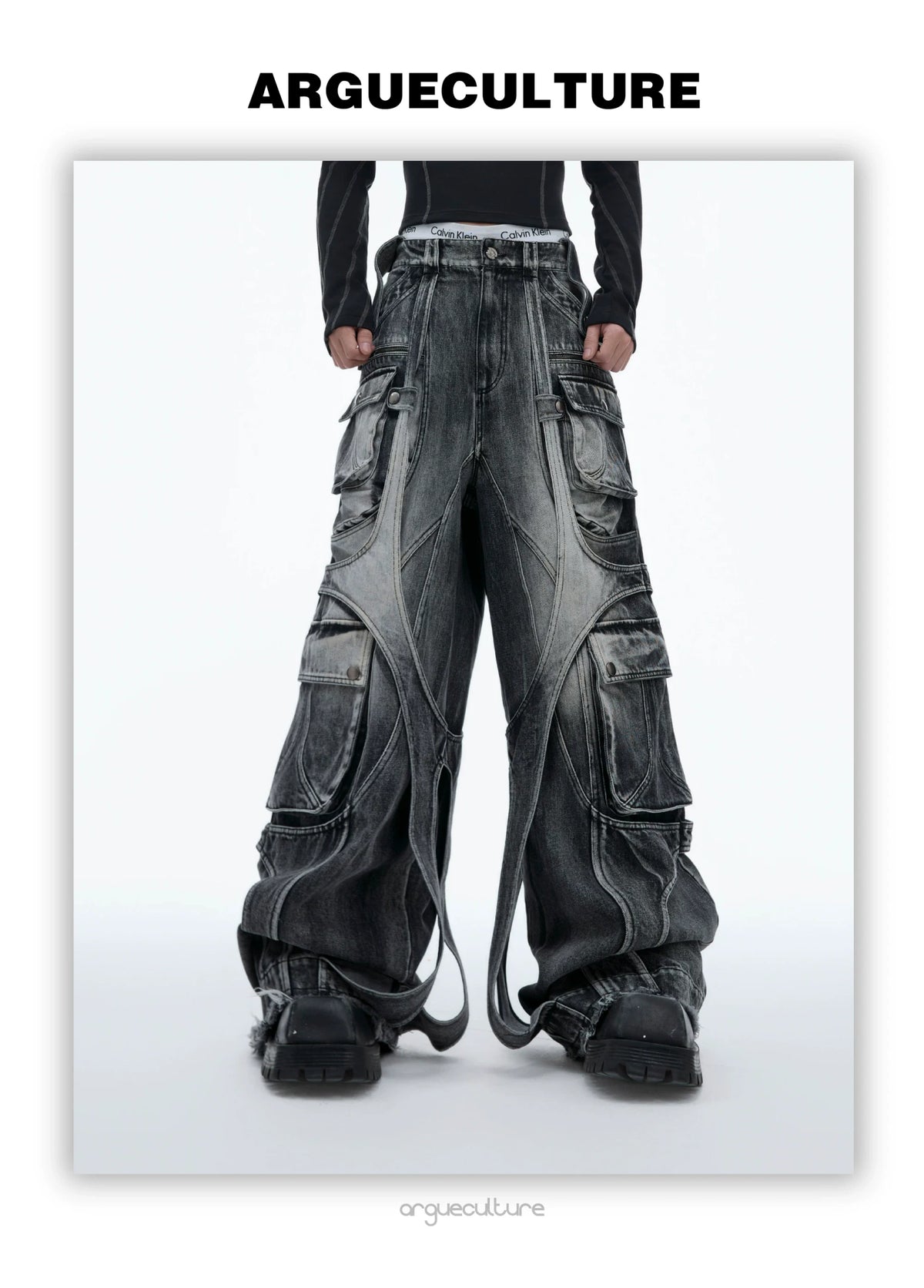 Stone-Washed Deconstructed Wide-Leg Jeans | Unisex - description image 3