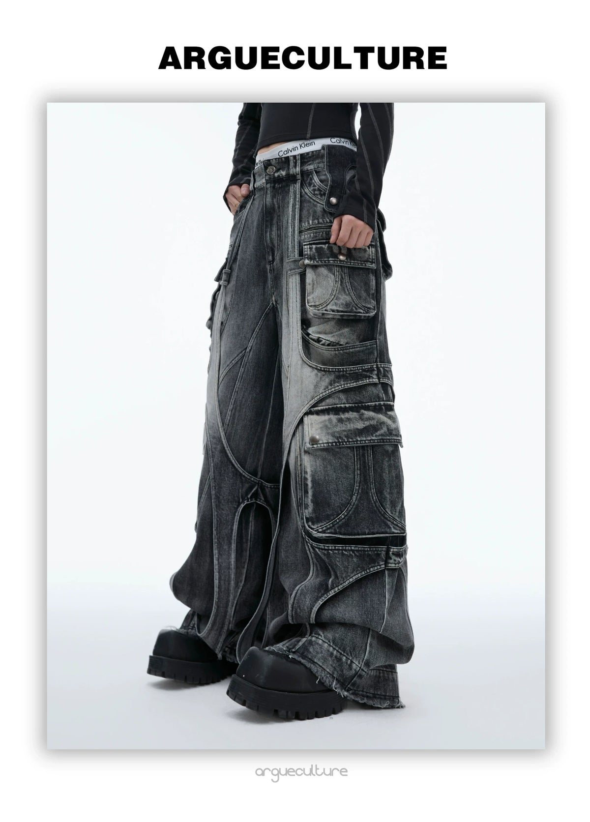 Stone-Washed Deconstructed Wide-Leg Jeans | Unisex - description image 4