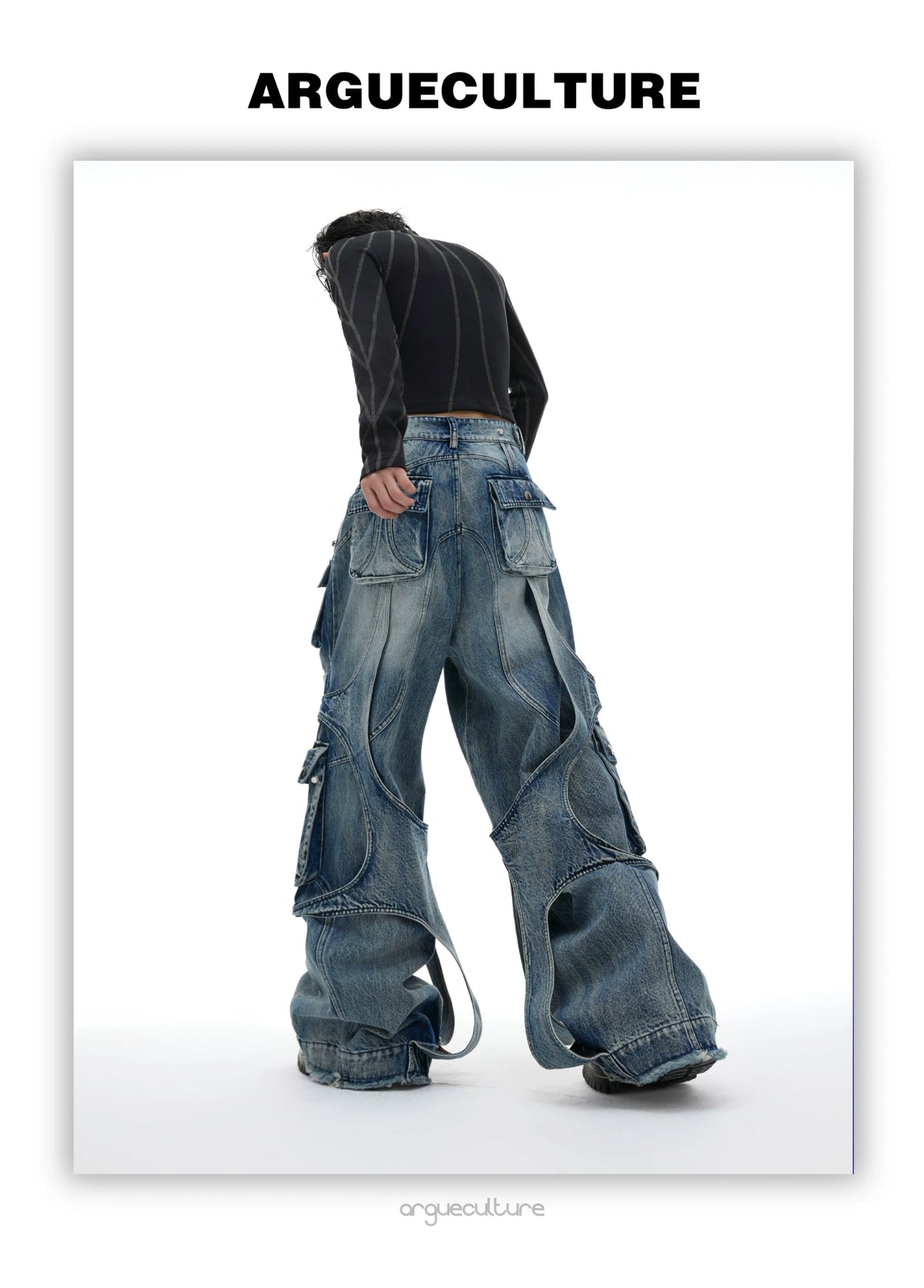 Stone-Washed Deconstructed Wide-Leg Jeans | Unisex - description image 6
