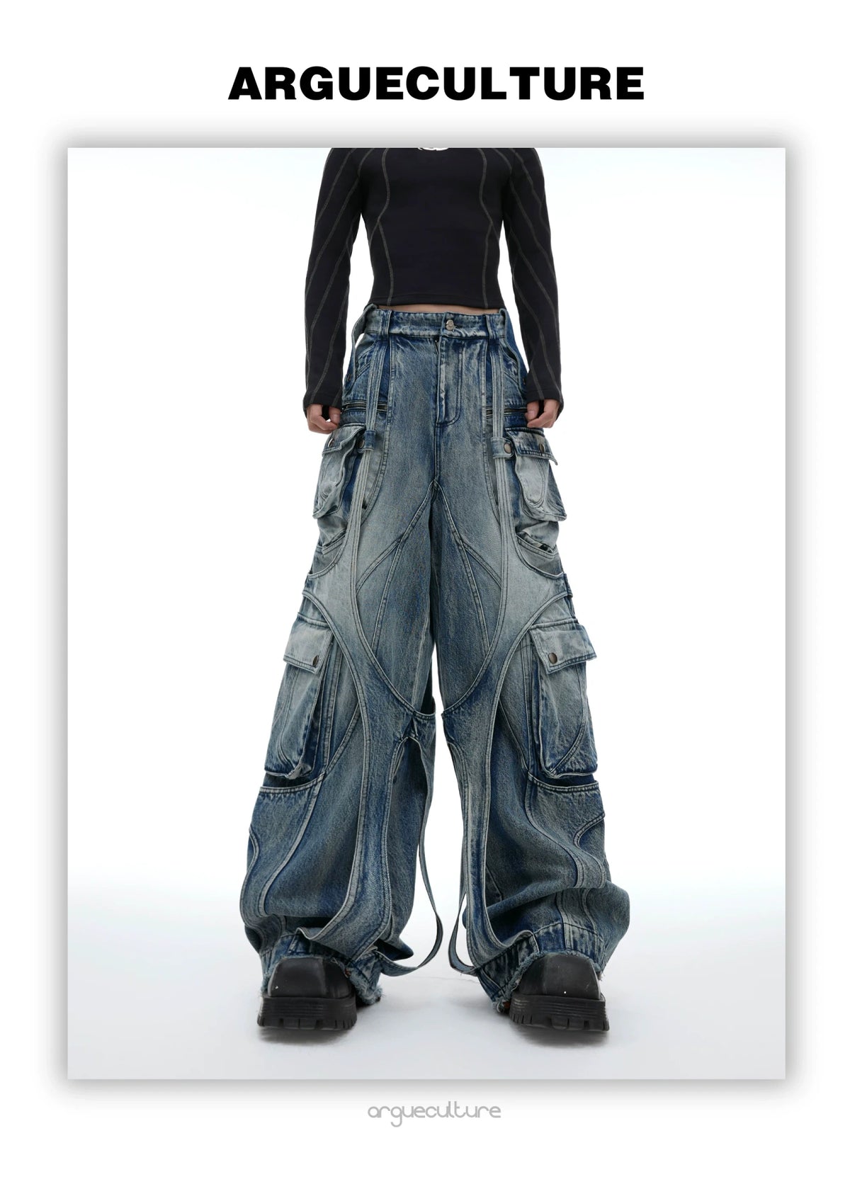 Stone-Washed Deconstructed Wide-Leg Jeans | Unisex - description image 8