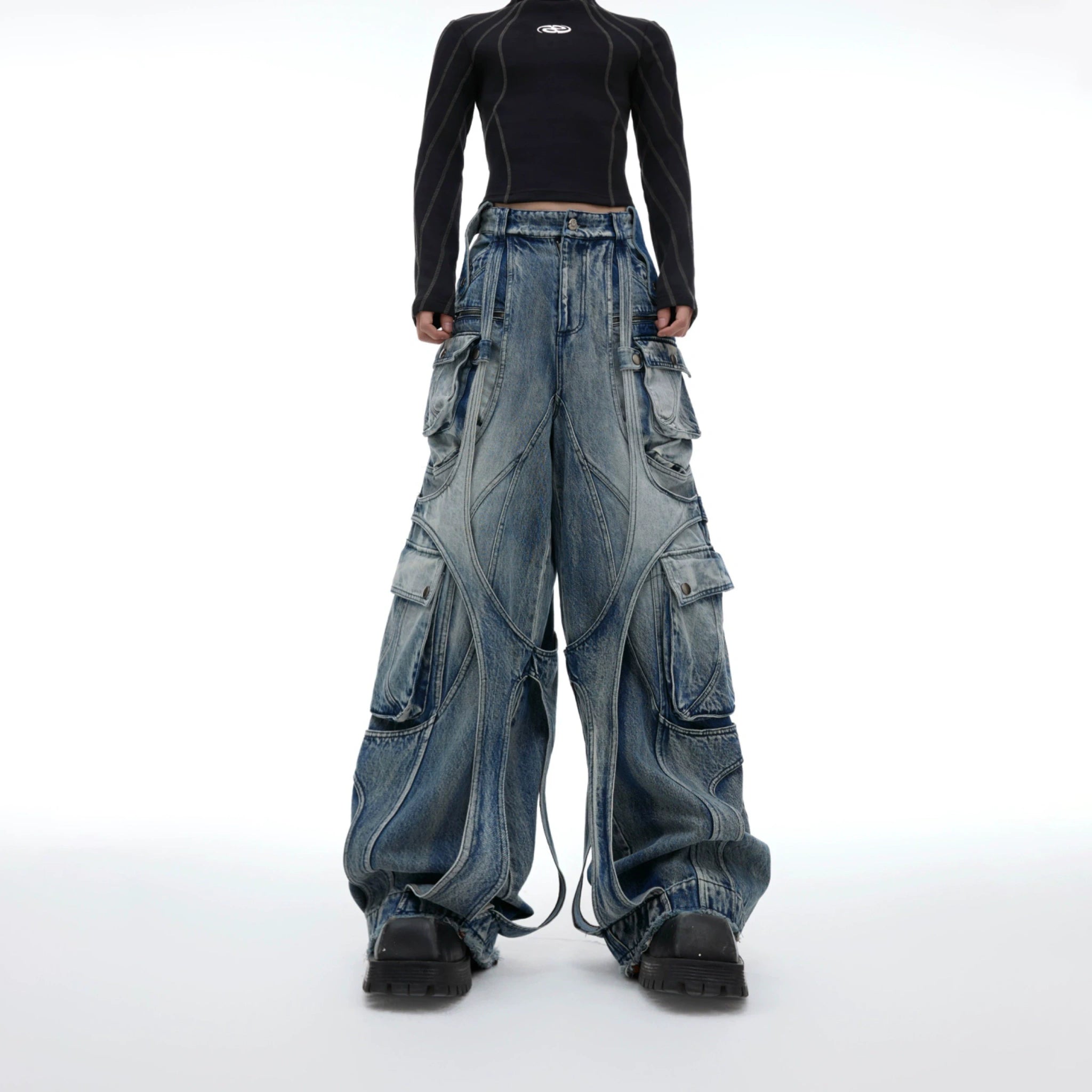 Stone-Washed Deconstructed Wide-Leg Jeans | Unisex - main image 1