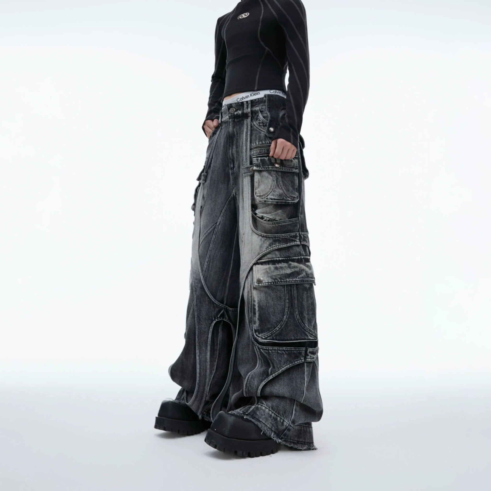 Stone-Washed Deconstructed Wide-Leg Jeans | Unisex - main image 2