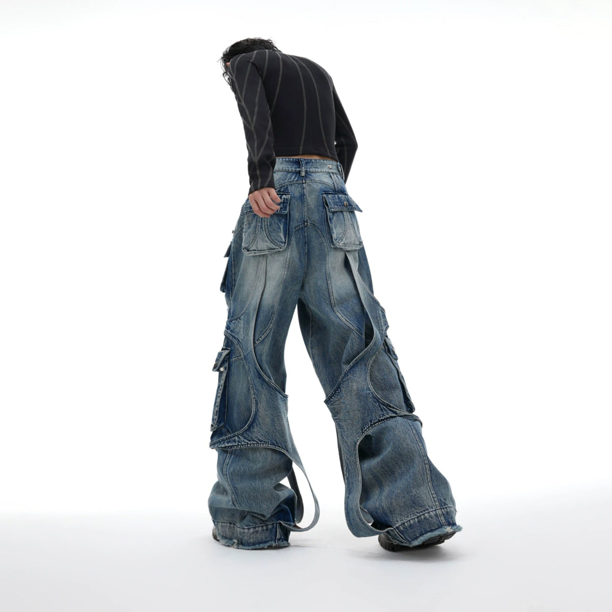 Stone-Washed Deconstructed Wide-Leg Jeans | Unisex - main image 4