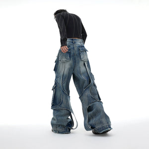 Stone-Washed Deconstructed Wide-Leg Jeans | Unisex - main image 4