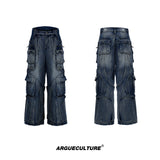 Stone-Washed Deconstructed Wide-Leg Jeans | Unisex - Blue