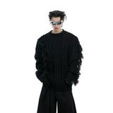 Irregular Fringe Button Knit Sweater | Relaxed Fit - Black