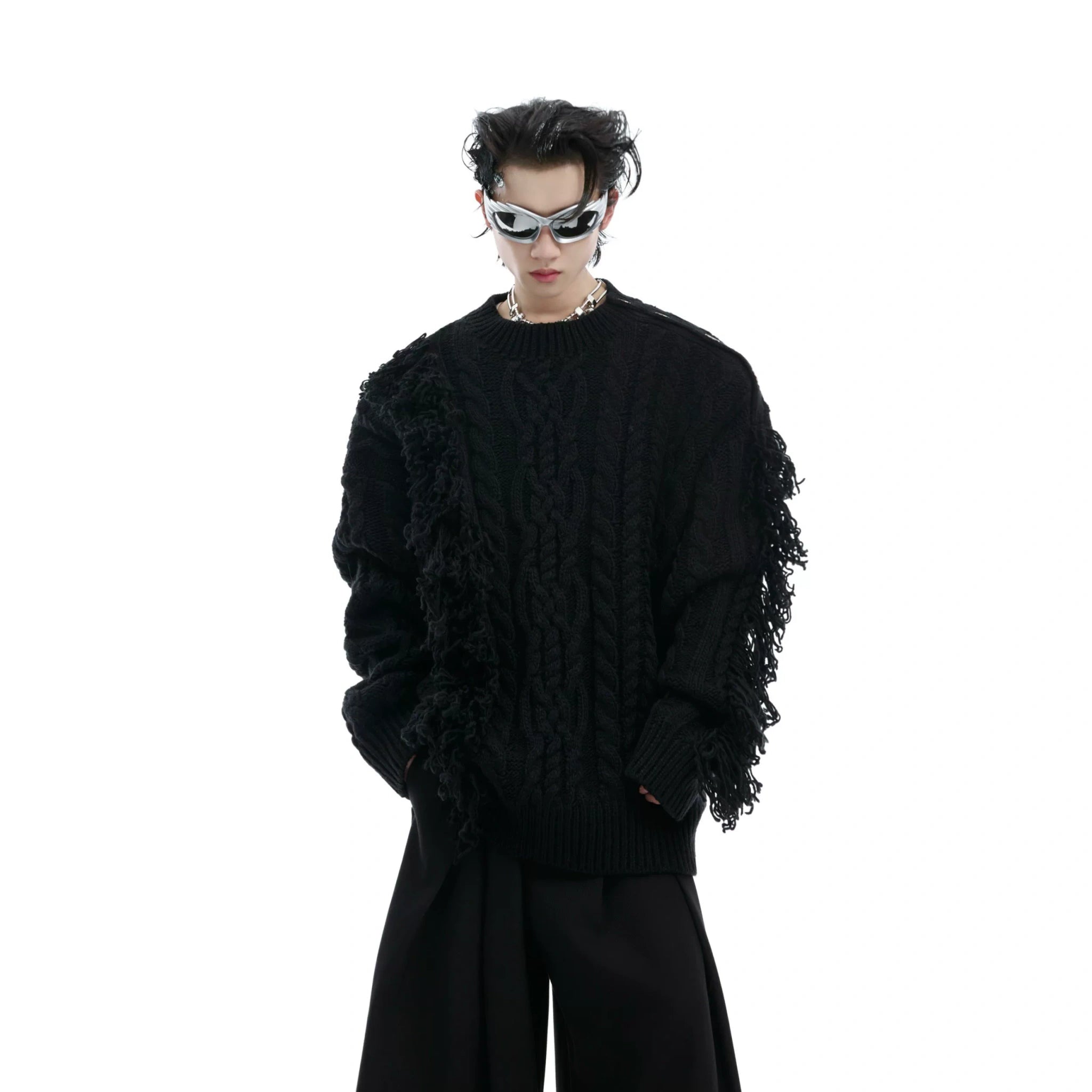 Irregular Fringe Button Knit Sweater | Relaxed Fit - Black
