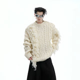 Irregular Fringe Button Knit Sweater | Relaxed Fit - White