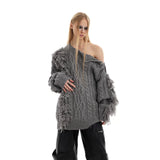 Irregular Fringe Button Knit Sweater | Relaxed Fit - Gray