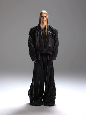 Black Distressed Wide-Leg Denim Pants | Relaxed Fit - main image 1