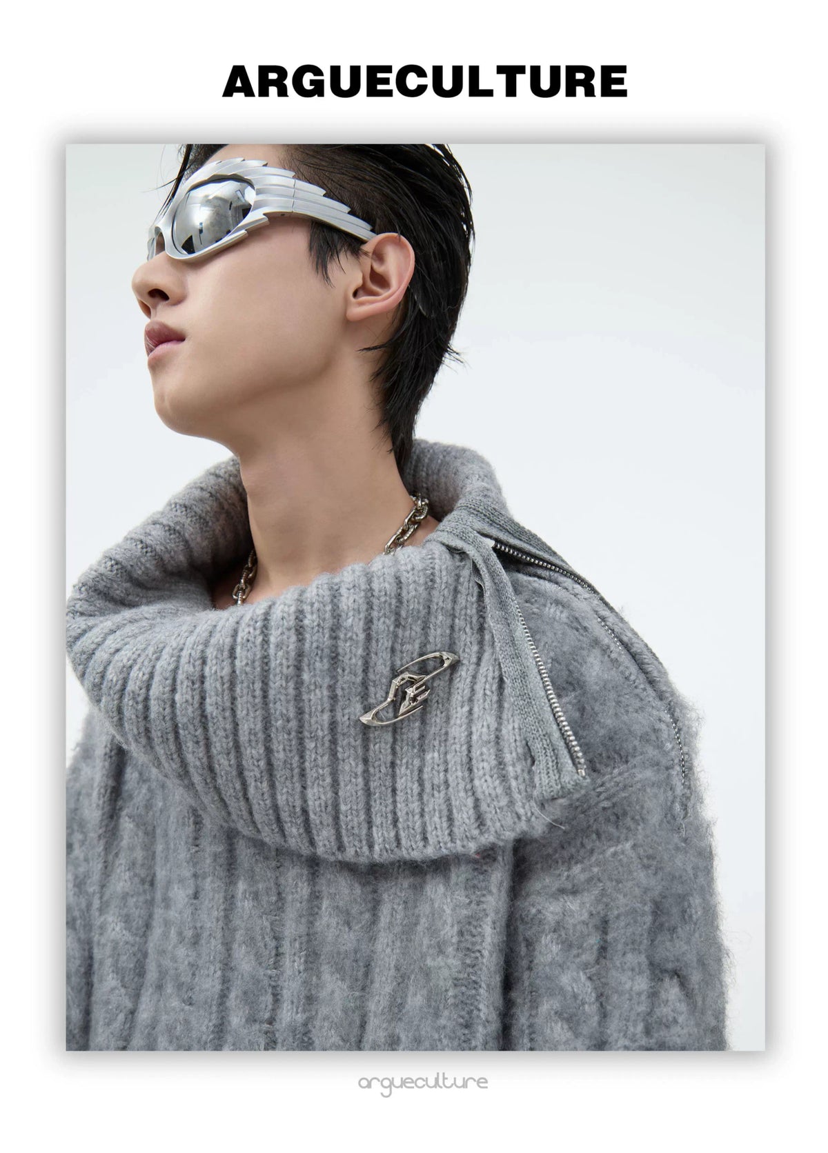 Split-Neck Oversized Knit Sweater in Beige or Gray - description image 2