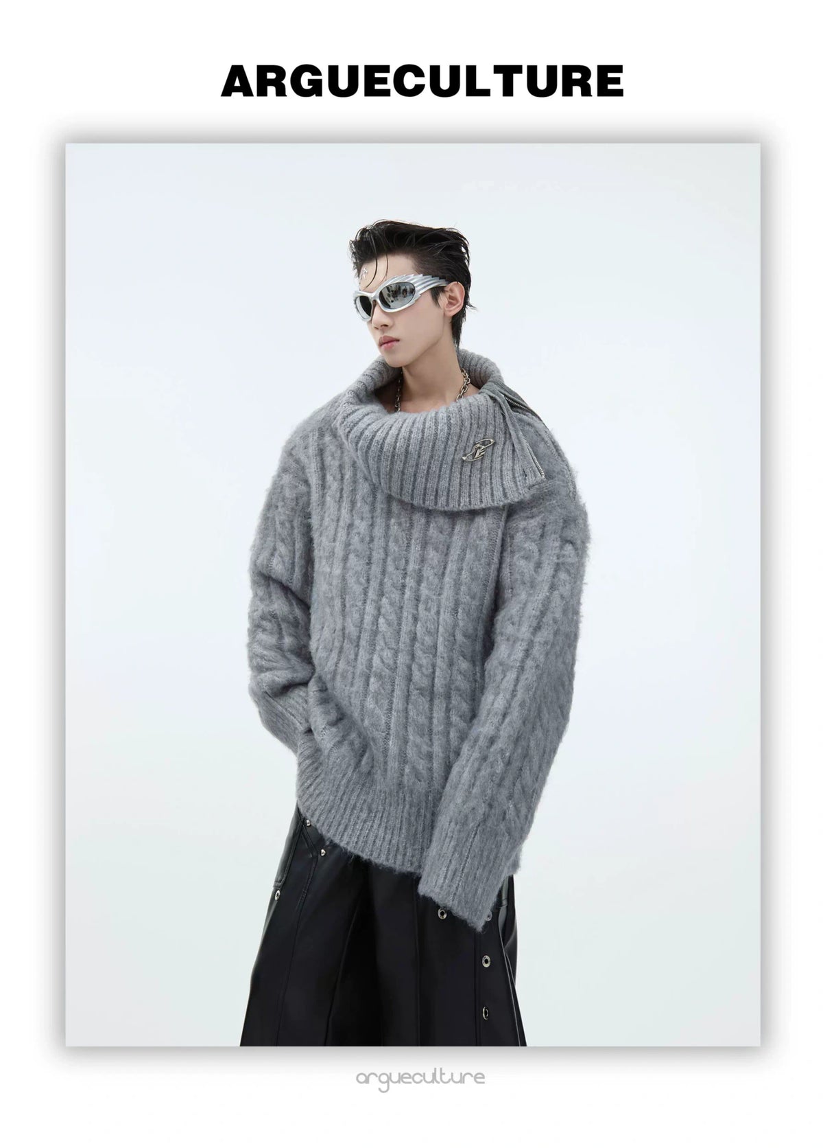 Split-Neck Oversized Knit Sweater in Beige or Gray - description image 3