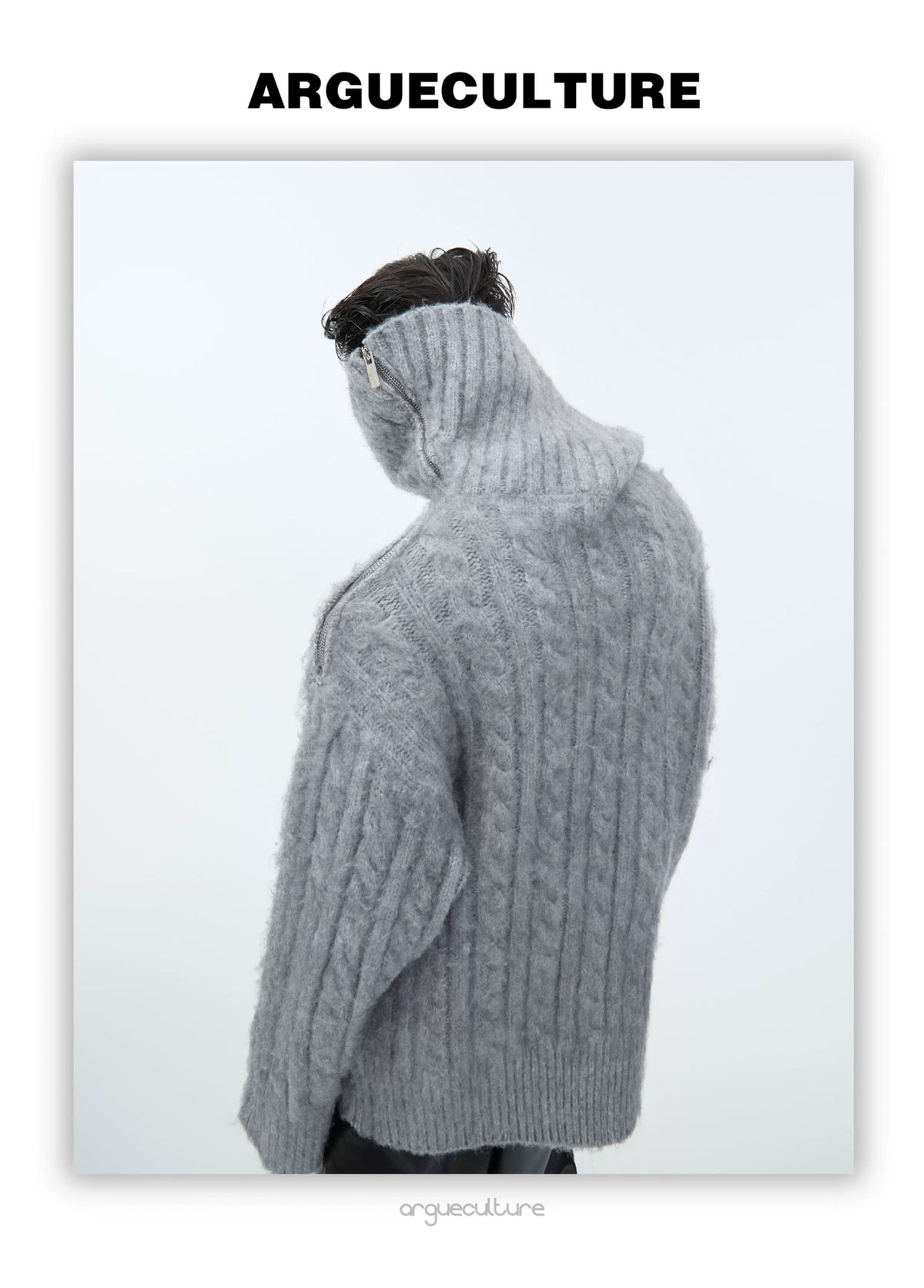 Split-Neck Oversized Knit Sweater in Beige or Gray - description image 4