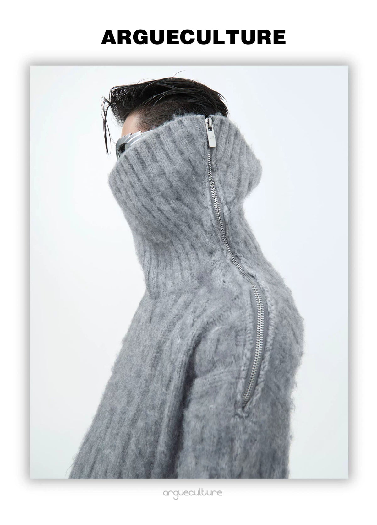 Split-Neck Oversized Knit Sweater in Beige or Gray - description image 5